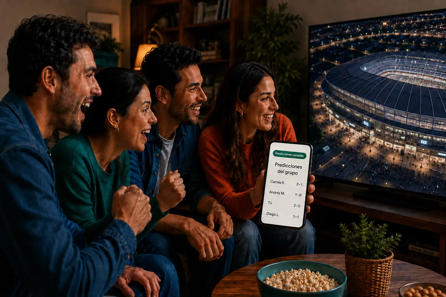 Un grupo compara sus predicciones cerradas mientras comienza un evento deportivo.